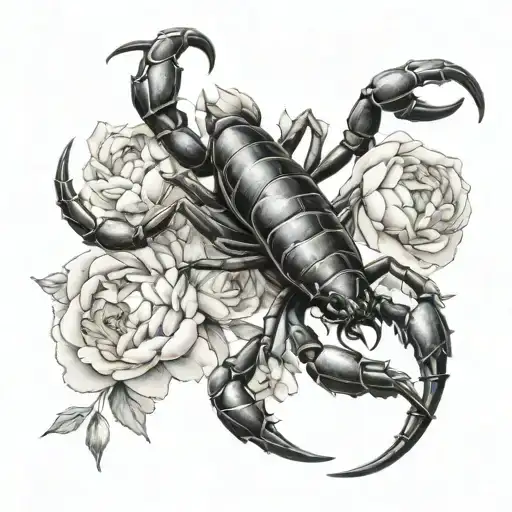 A Detailed Blackwork Tattoo Of A Scorpion Surrounded By Peonies
