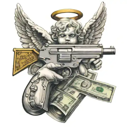 Angel Baby Holding A Gun And Money
