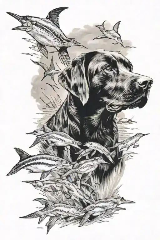 Black Lab With Blue Marlins And Duck Hunting Scene