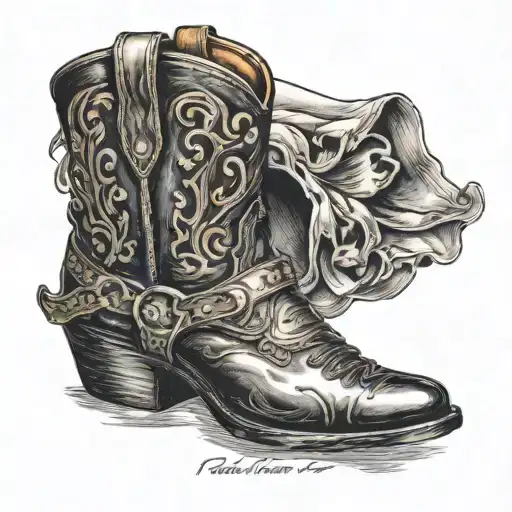 Cowboy Boot With Engraving In The Leather That Tells A Story Of A Cowboy