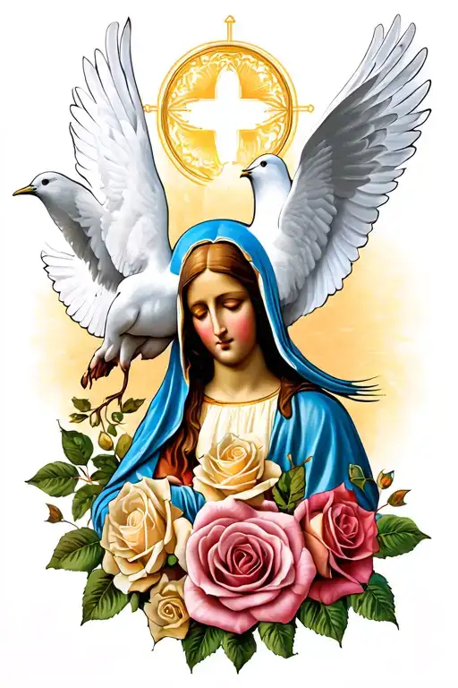 Virgin Mary 2 Doves And Roses Blooming