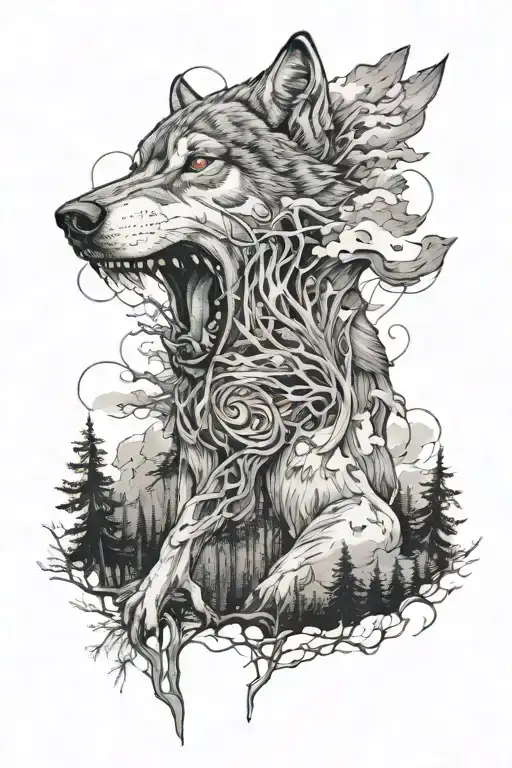 Wolf In The Woods With Trees Behind Him And Cloudy Sky And Wound In His Eye And Angry Face