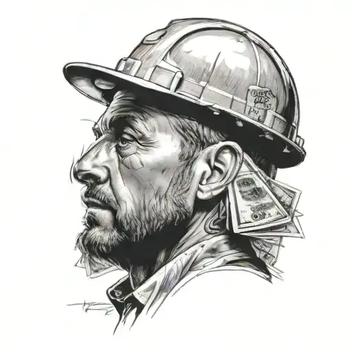 A Realistic Portrait Of A Man In A Hard Hat Counting Money In Front Of A Computer