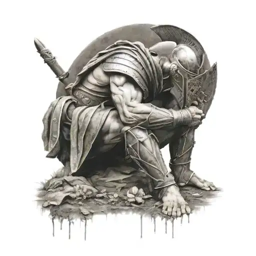 A Spartan Kneeling On A Grave Facing It