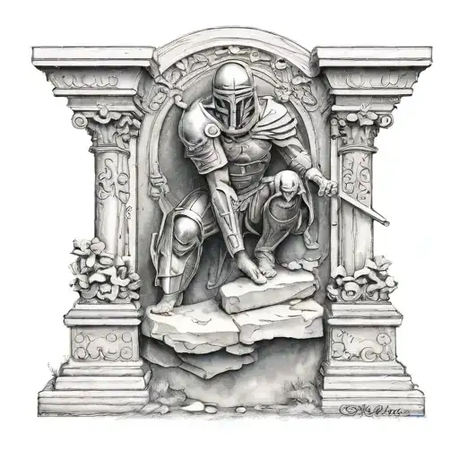 A Spartan Kneeling On A Grave Stones