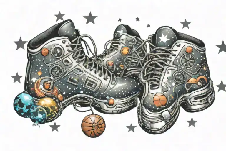 A Pair Of Shoes Filled With Basketballs And Video Games Controller Floating In A Galaxy Of Stars