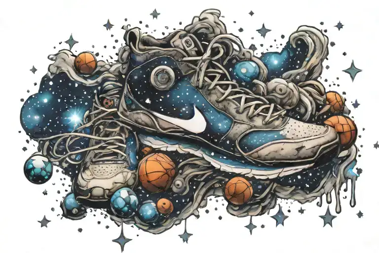 A Running Shoes Filled With Basketballs And Video Games Controller Floating In A Galaxy Of Stars