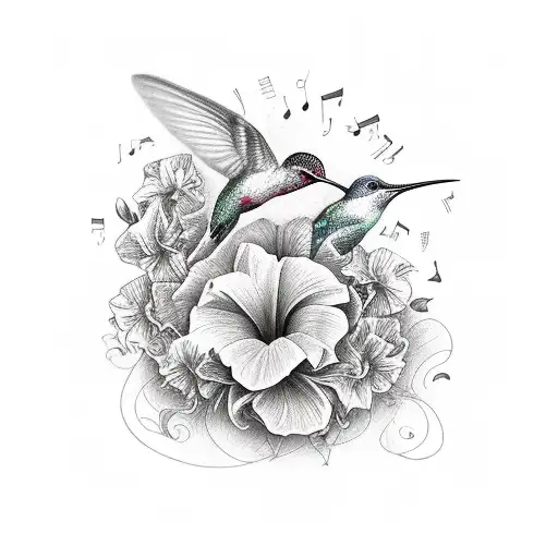 A Music Sheet With Hummingbirds And Petunias As Notes