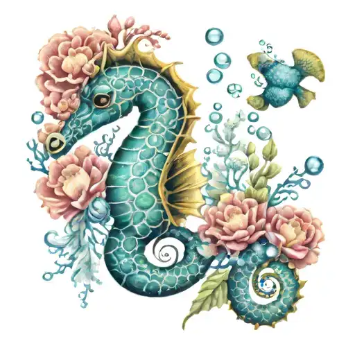 Sea Horse Sea Theme Pretty Flowers Bubbles Coral