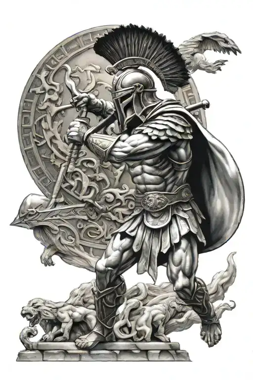 A Spartan Warrior Battling A Mythical Creature From Greek Mythology