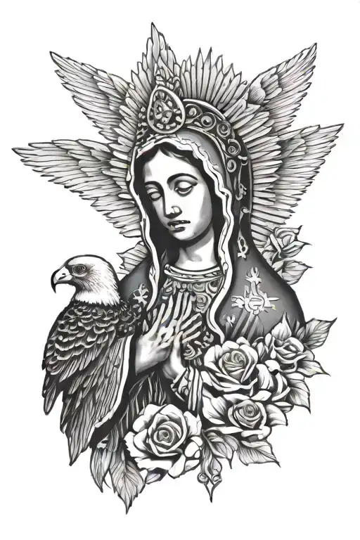 Virgin Of Guadalupe With The Head Of The Mexican Eagle In The Background With A Cross Below