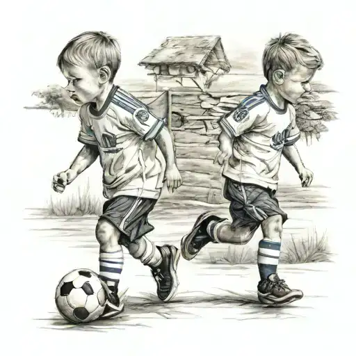 Twin Boys Walking To A Soccer Field Realistic Tattoo Design