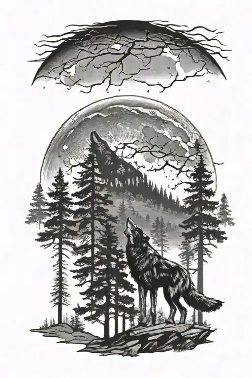 A Lone Wolf Howling At The Moon Surrounded By A Forest Silhouette