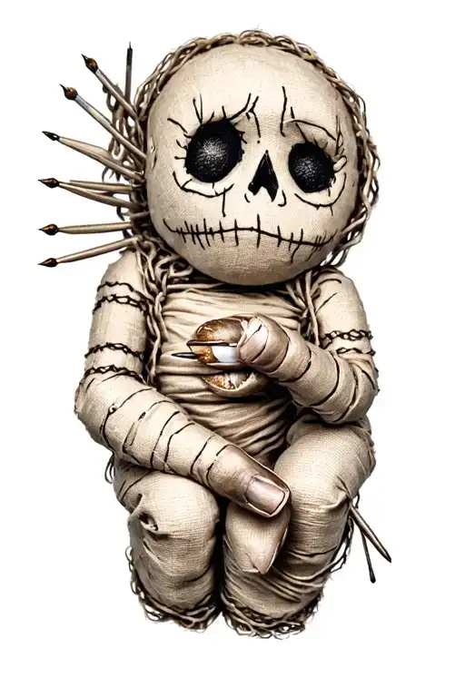 Fabric Voodoo Doll Hold Needles In Hand Reaching