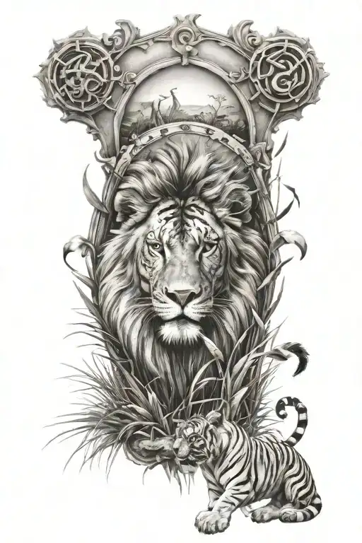 Lion With A Khanda And A Tiger Emerging From A Field Of Grass