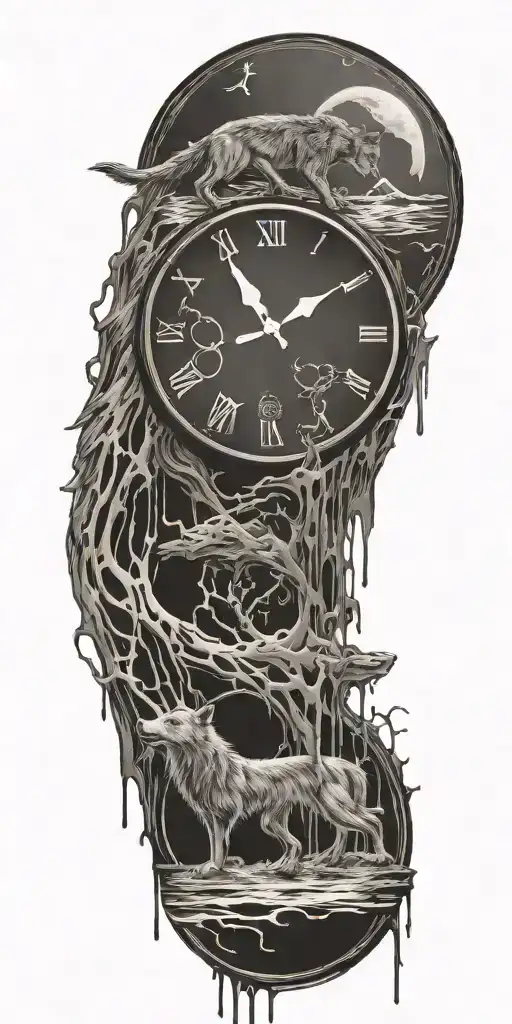 A Clock Melting In A Pool Of Musical Notes With A Silhouette Of A Wolf And Its Puppy Below