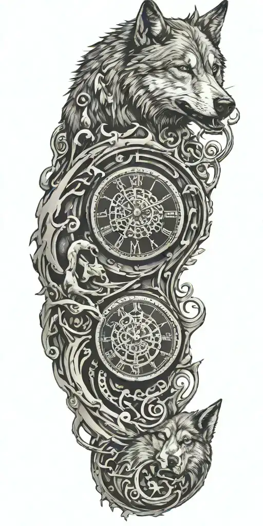 A Clock Melting In Musical Notes With A Silhouette Of A Wolf And Its Puppy Below