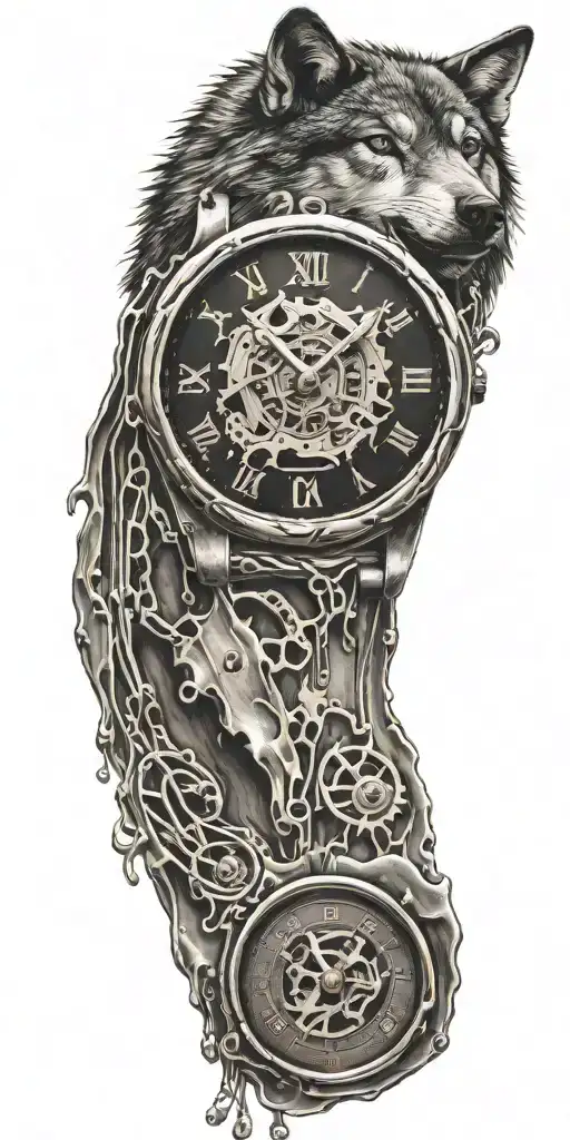 A Melting Watch And Below Musical Notes With A Silhouette Of A Wolf And His Puppy Below