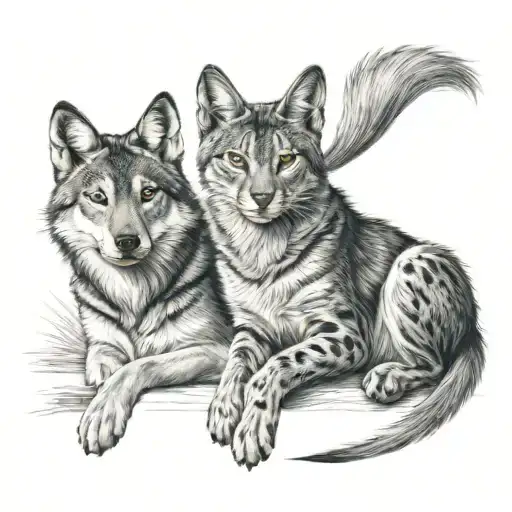 Male Wolf Cat And Female Russian Blue Cat Are Sitting