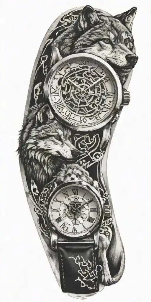 A Watch Below A Wolf And Its Puppy Is In The Background Musical Notes