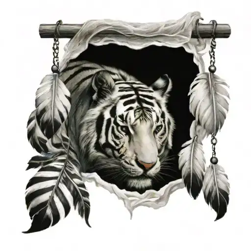 White Tiger With Feathers Hanging