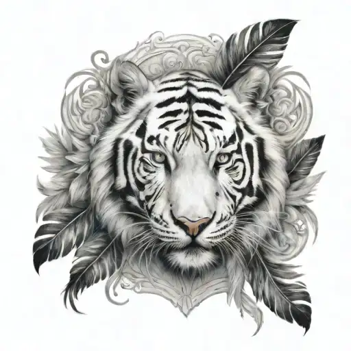White Tiger With Feathers Hanging