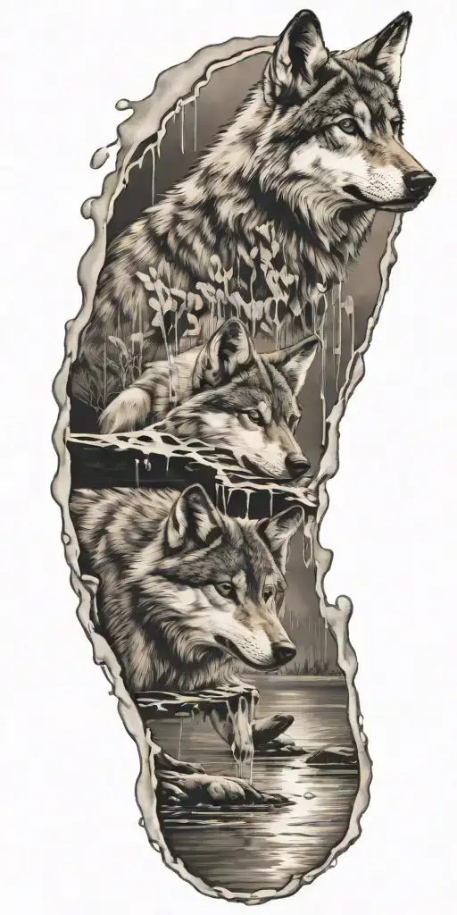 Wolf Melting Music Notes In A Puddle And His Puppy Below