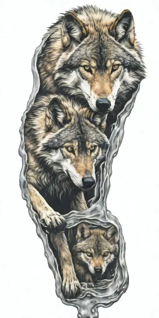 Wolf Melting In A Puddle And Its Cub Below