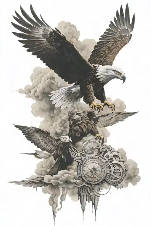 A Smoke-filled Sky With An Eagle Soaring Above A Lion In A Travel-inspired Scene
