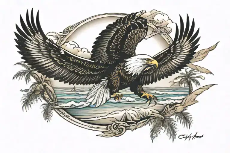A Majestic Eagle Soaring Over A Beach Lined With Palm Trees And Surfboards