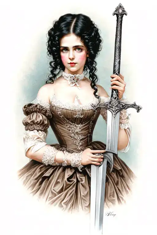 Beautiful Dark Haired Victorian Woman Holding A Sword