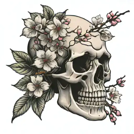 Smiley Face Emoji Skull With Cherry Blossoms