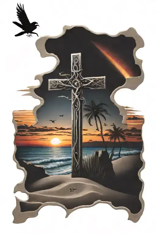 Beach Sunset With Cross And Cardinal On Cross