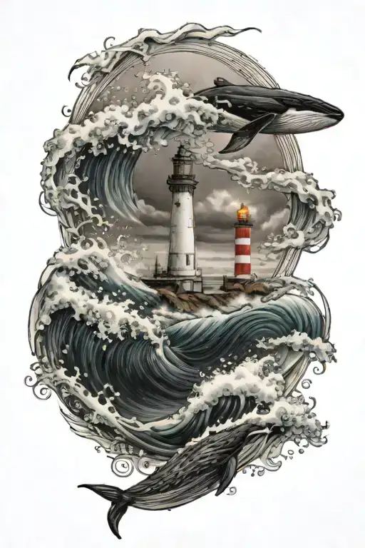 Lighthouse Whale Wave Tattoo Design Featuring Elements