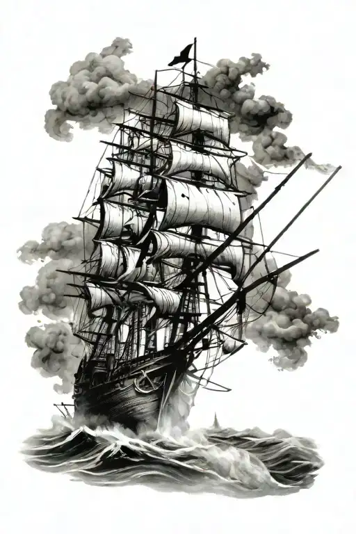 Pirate Ship With Sailors Sailing