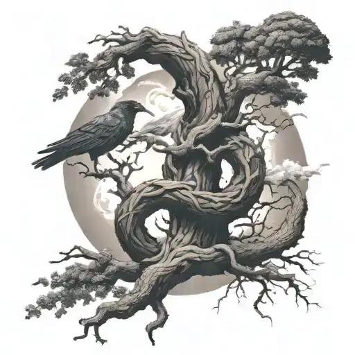 Yggdrasil With Crows And Uroboros Snake Coiled
