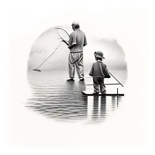 Grandfather And Grandson Fishing Off A Dock At Sunset