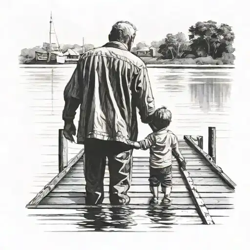 A Father And Son Holding Hands Standing On A Dock Seen From A Distance