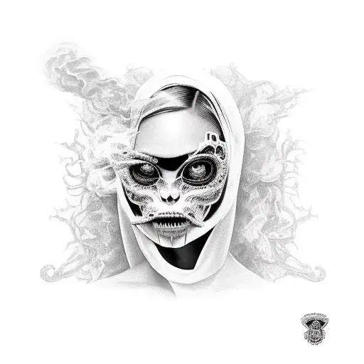 Gothic Woman Face With One Eye Covered And Smoke Blowing Out Of Mouth Inside Jaguar Jaw