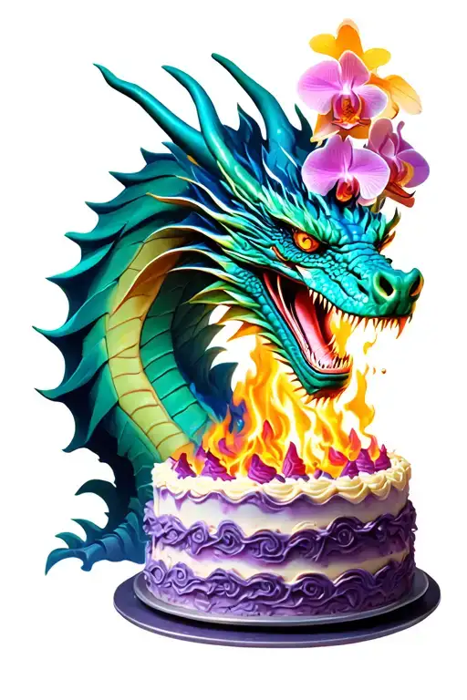 Dragon Breathing Fire Onto A Cake With Orchids