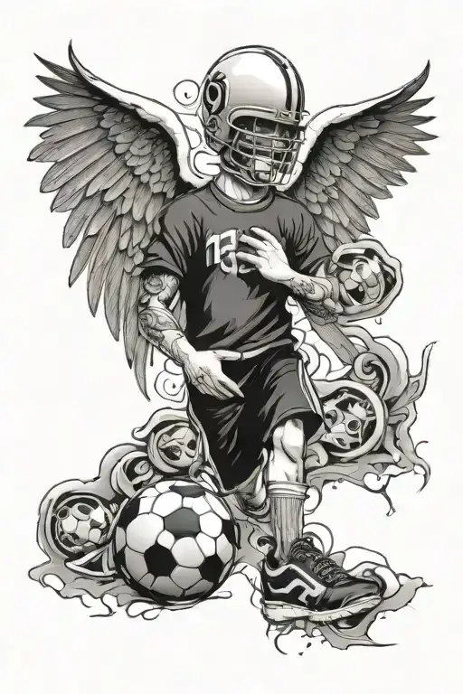 Football Themed Tattoo With Heart And Gangster Angel