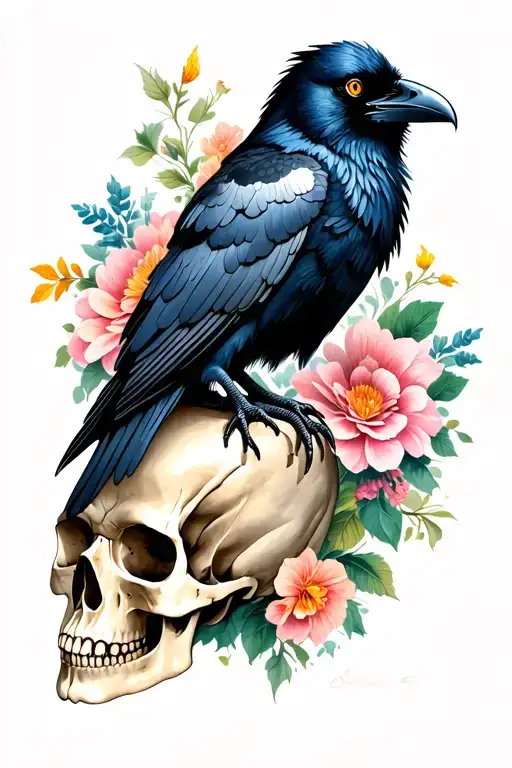 Raven Sitting On Skull With Some Flowers In The Background