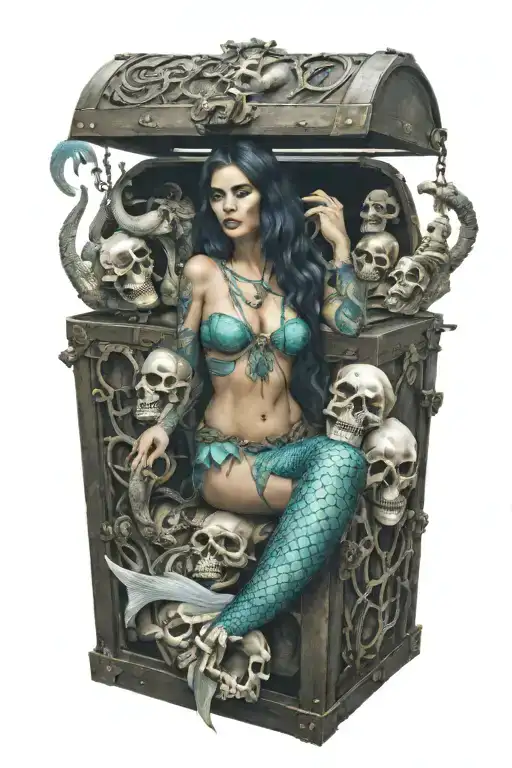 A Mermaid Warrior Guarding A Treasure Chest Surrounded By Skeletons