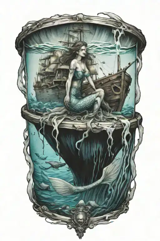 A Mermaid Swimming In A Shipwreck Sinking Into The Depths