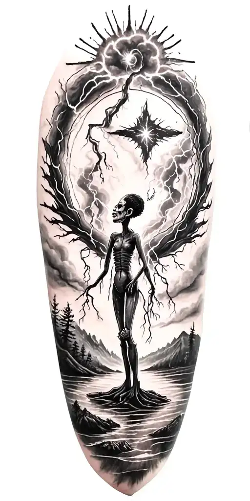 Voodoo Doll And Lightining Storm And Vegvisir And Nature