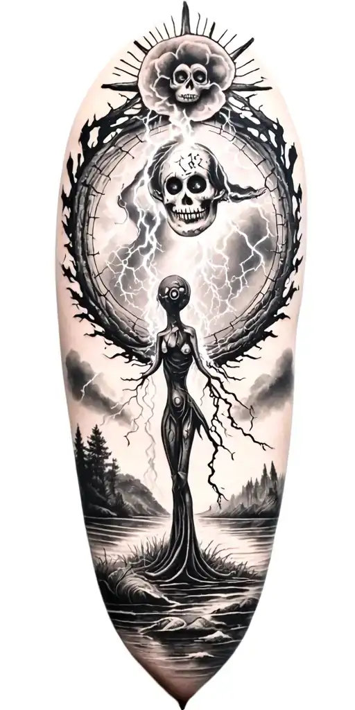 Fabric Voodoo Doll And Lightining Storm And Vegvisir And Nature