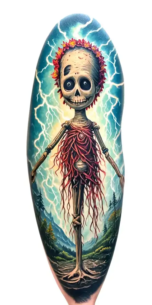 Fabric Voodoo Doll And Lightining Storm And Vegvisir And Nature