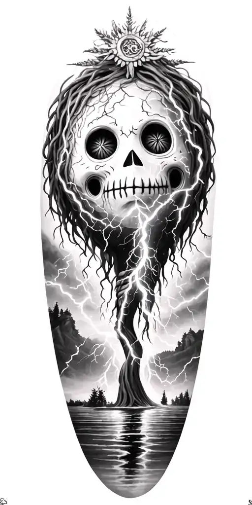 Stuffed Voodoo Doll And Lightining Storm And Vegvisir And Nature