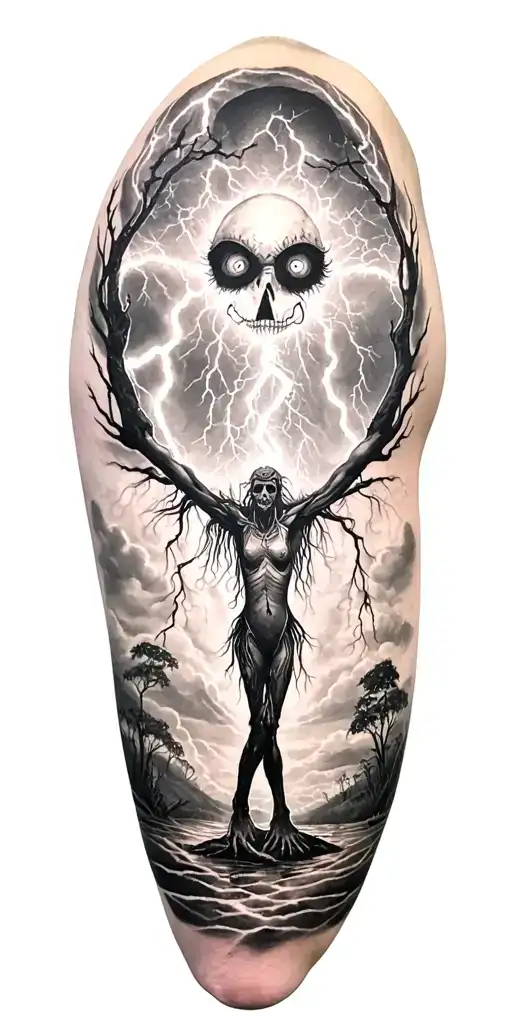 Whole Body Voodoo Puppet And Lightining Storm And Vegvisir And Nature