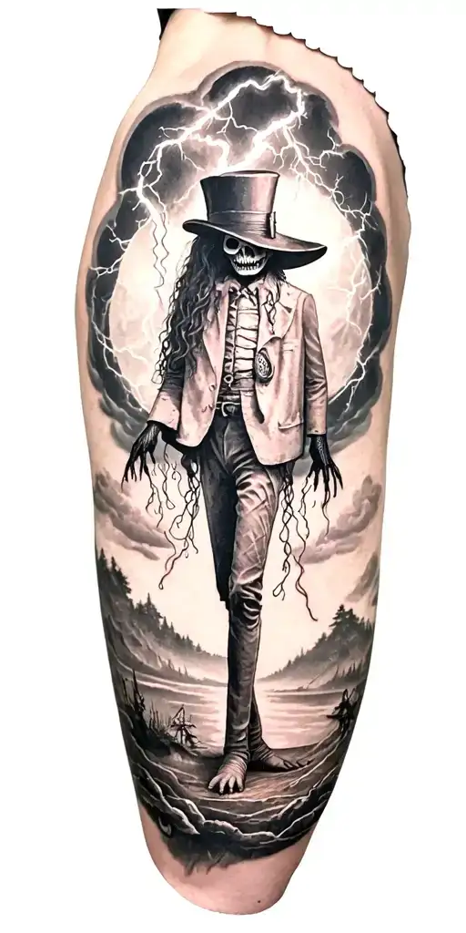 Whole Body Voodoo Puppet With Cylinder Hat And Lightining Storm And Vegvisir And Nature